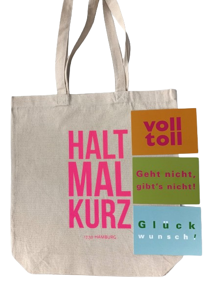 Baumwolltasche & Sprüche-Postkarten | HALT MAL KURZ Geschenkbox