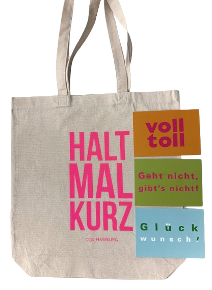 Baumwolltasche &amp; Sprüche-Postkarten | HALT MAL KURZ Geschenkbox