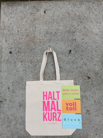 Baumwolltasche &amp; Sprüche-Postkarten | HALT MAL KURZ Geschenkbox